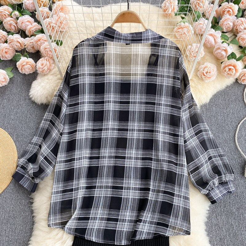 Summer Women Two Piece Set Plaid Long Sleeve Sunscreen Shirt+A-line Knitting Slip Dress - MERGE.DAY.1.FREESTYLE