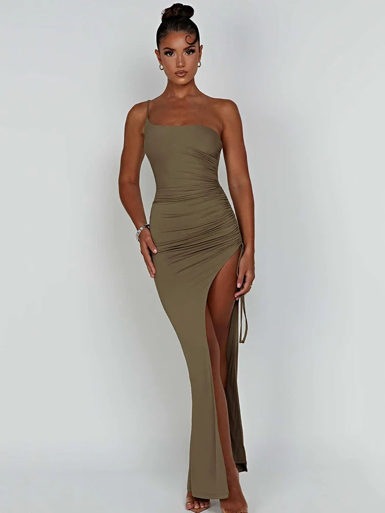 Drawstring High Slit Shoulder Slim Elastic Maxi Bodycon Dress - MERGE.DAY.1.FREESTYLE