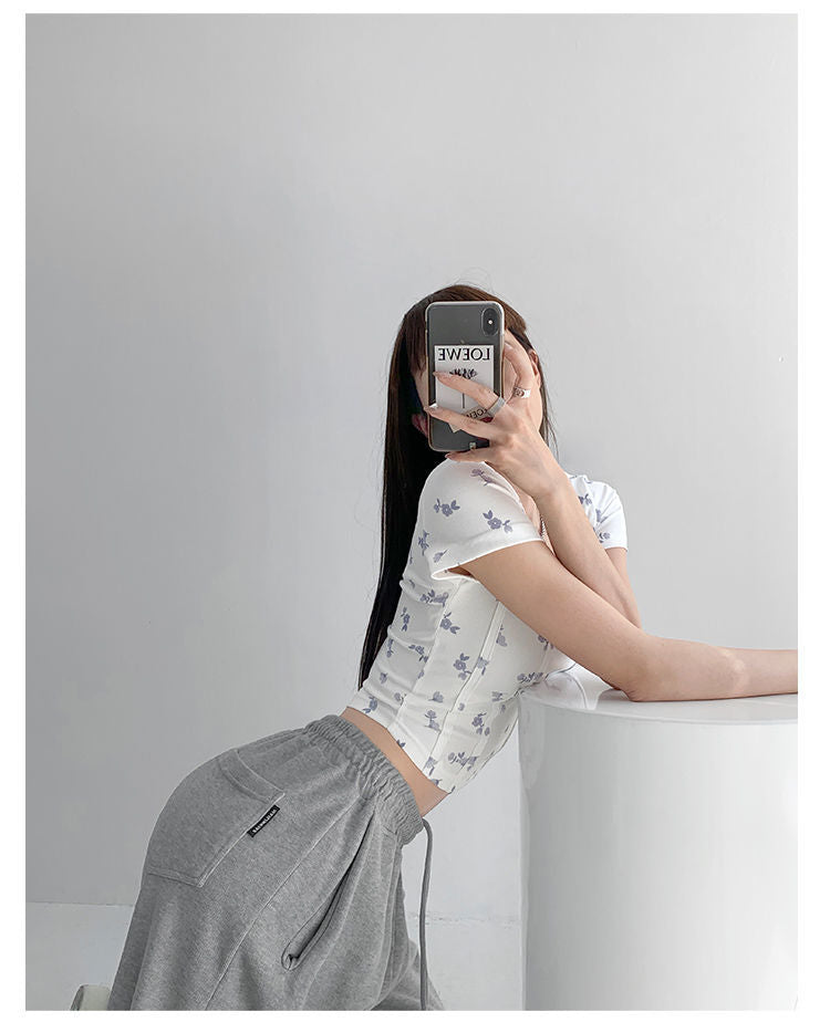 Summer Floral Cropped Top Women Slim Square Neck Short Sleeve White T-shirts Female - MERGE.DAY.1.FREESTYLE