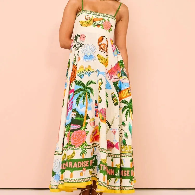 Beach Spaghetti Strap Long Dress Printed Backless Sleeveless Drawstring Dress - MERGE.DAY.1.FREESTYLE