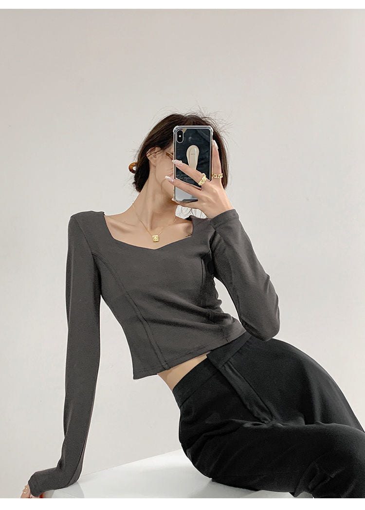 Fishbone Pattern Women's Long Sleeve T-shirt High Waist Slim Square Collar Tops Woman - MERGE.DAY.1.FREESTYLE