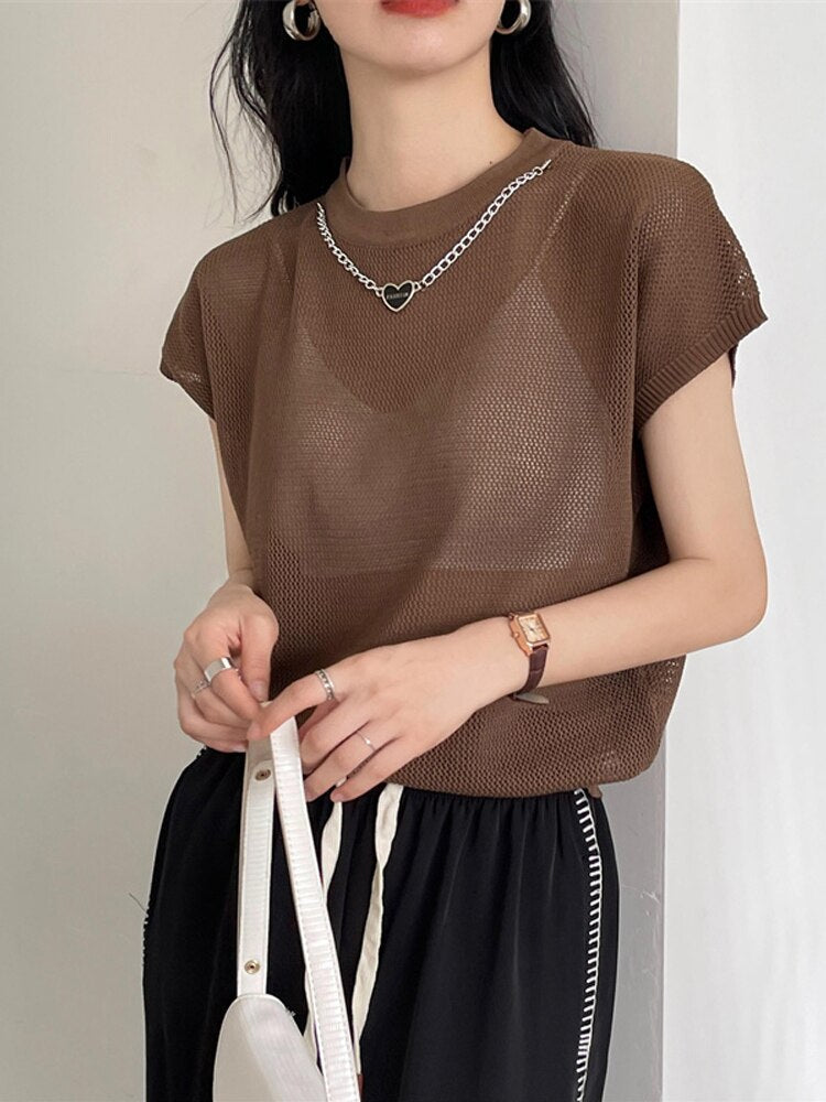 Hollow T-shirt Chain Women Summer New Solid Color Short Sleeve Knitted Tops Female 2022 - MERGE.DAY.1.FREESTYLE