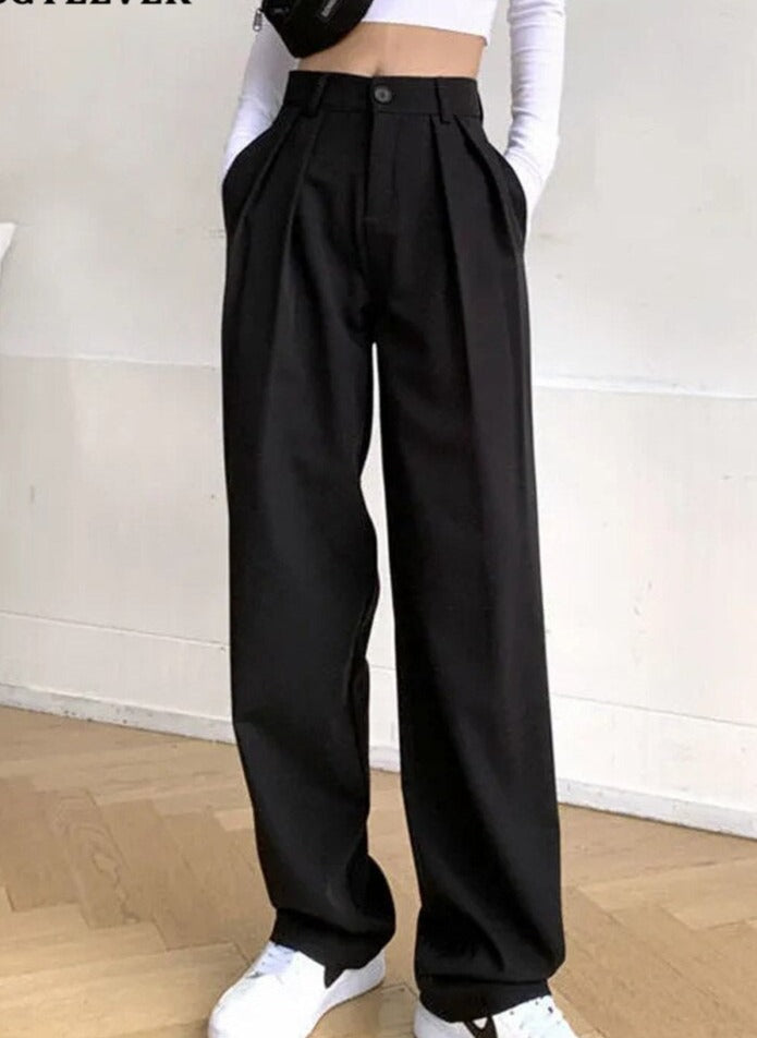 Long Suit Pants High Waist Button Women Wide Leg Trousers - MERGE.DAY.1.FREESTYLE
