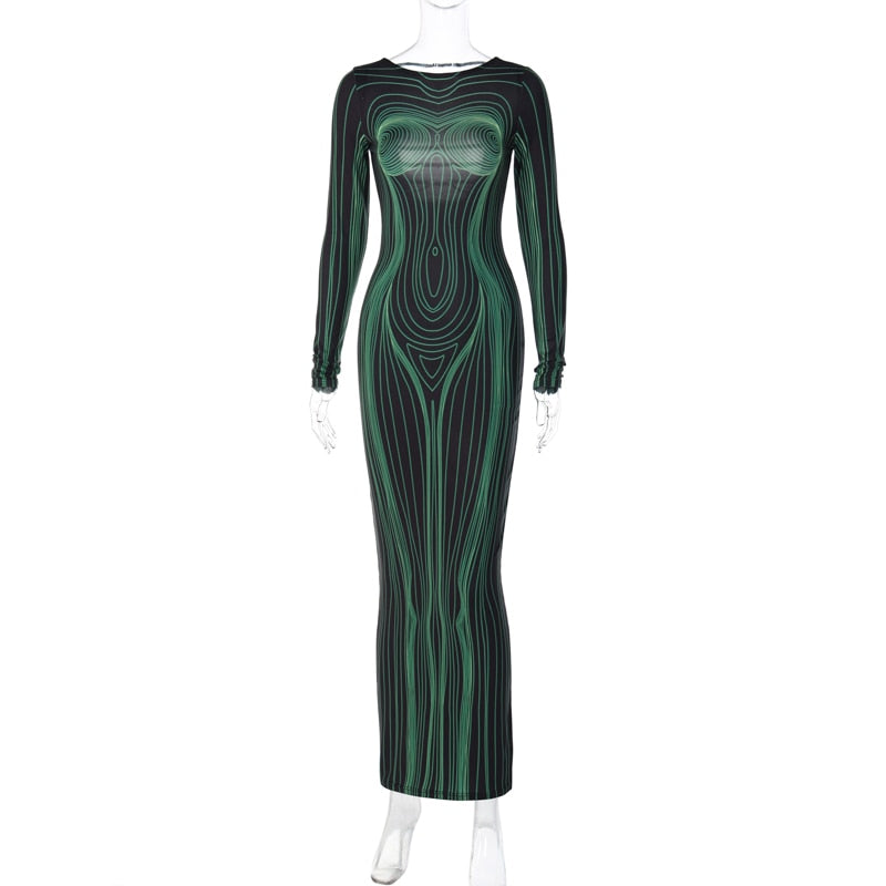 Striped Print Long Sleeve See Through Sexy Bodycon Maxi Dress - MERGE.DAY.1.FREESTYLE