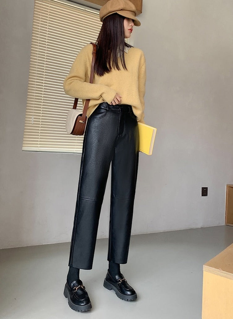 Spring Autumn PU Leather Pants Women High Waist Pockets Faux Leather Harem Pants - MERGE.DAY.1.FREESTYLE