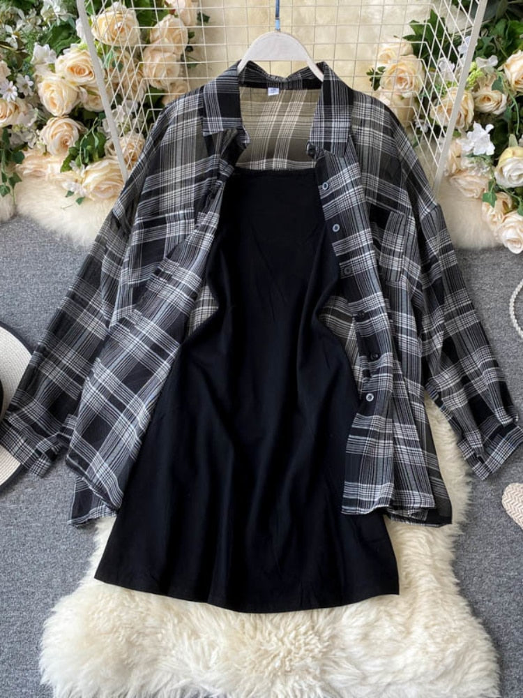 Two Piece Set Long Sleeve Plaid Grey Overcoats Spaghetti Strap Slim Dress - MERGE.DAY.1.FREESTYLE