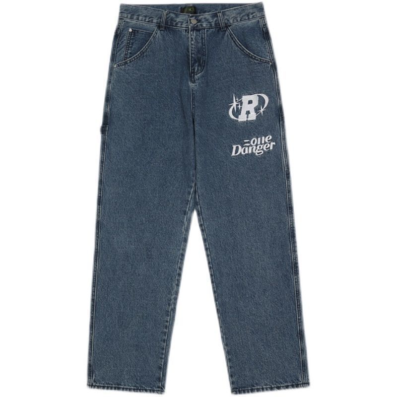 retro hip-hop letter embroidery jeans loose straight-leg pants wide-leg pants for men and women couples - MERGE.DAY.1.FREESTYLE
