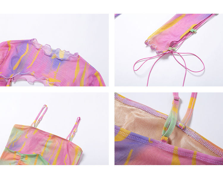 Hollow Bandage T-Shirt Women Sweet Suits Color Pattern Mesh Camisole + Long Sleeve Smock Female - MERGE.DAY.1.FREESTYLE