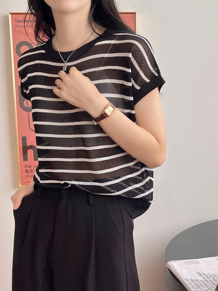 Hollow T-shirt Chain Women Summer New Solid Color Short Sleeve Knitted Tops Female 2022 - MERGE.DAY.1.FREESTYLE