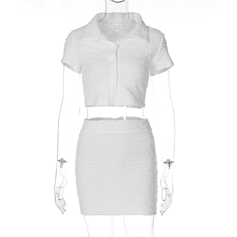 2 Piece Set Short Sleeve Crop Top Shirts Blouse Mini Skirt Suit - MERGE.DAY.1.FREESTYLE