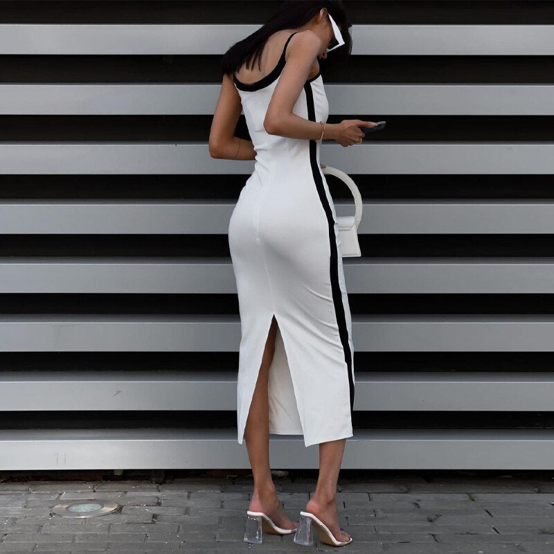 Color Bloack V Neck Sleeveless Slip Slit Sexy Bodycon Maxi Dress Y2K Outfit - MERGE.DAY.1.FREESTYLE