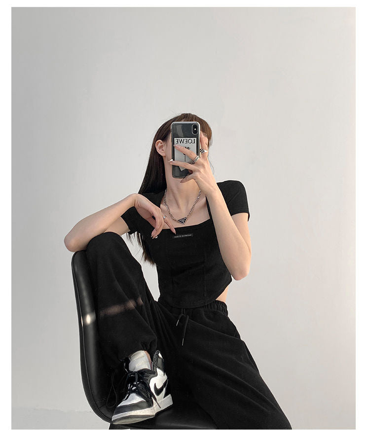 Curved Crop Tops Women Summer Square Collar Short Sleeve T-Shirt Fashion Slim Woman - MERGE.DAY.1.FREESTYLE