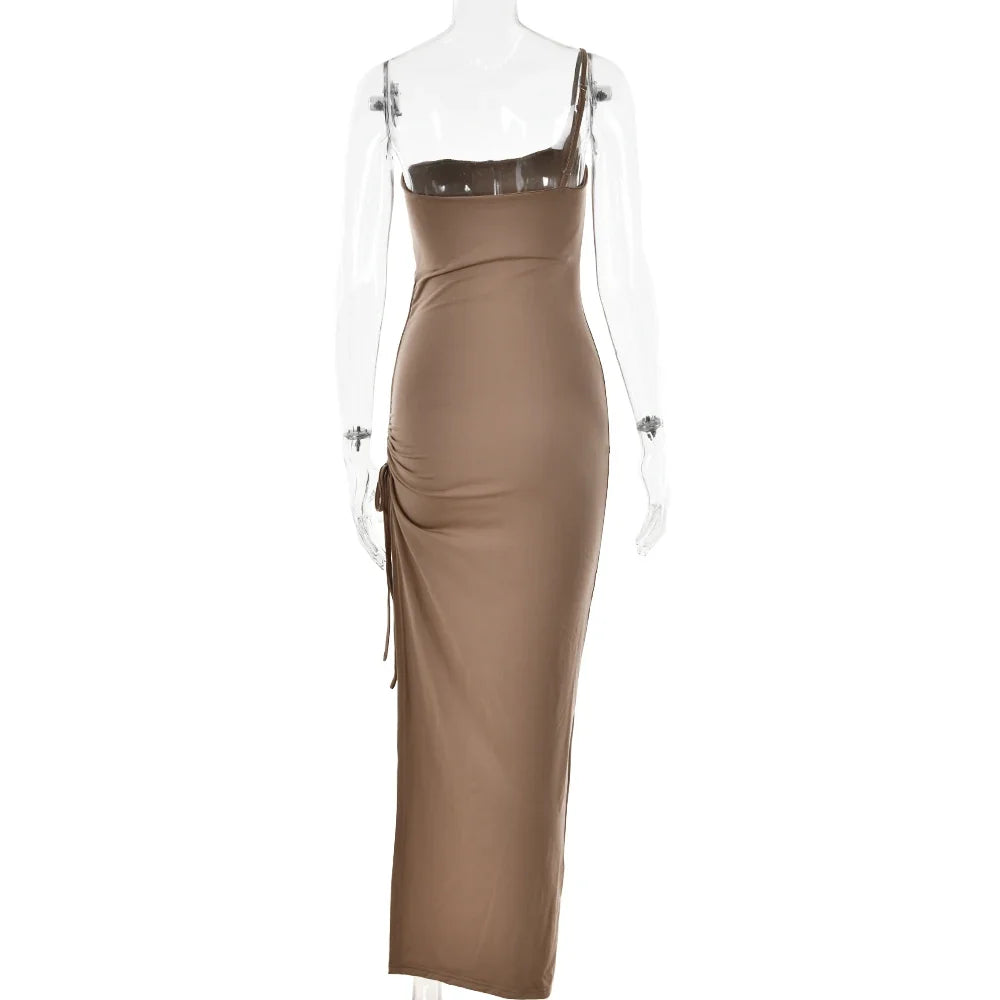 Drawstring High Slit Shoulder Slim Elastic Maxi Bodycon Dress - MERGE.DAY.1.FREESTYLE