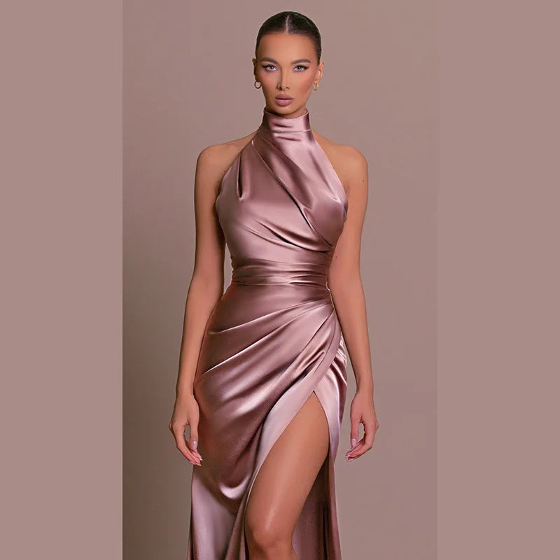 Satin Sleeveless Backless Halter Side Slit Sexy Elegant Maxi Dress - MERGE.DAY.1.FREESTYLE