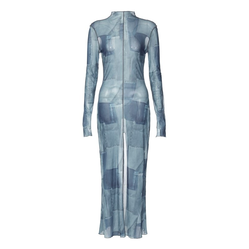 Mesh O Neck Long Flare Sleeve Print Slit Vintage Sexy Bodycon Maxi Dress - MERGE.DAY.1.FREESTYLE