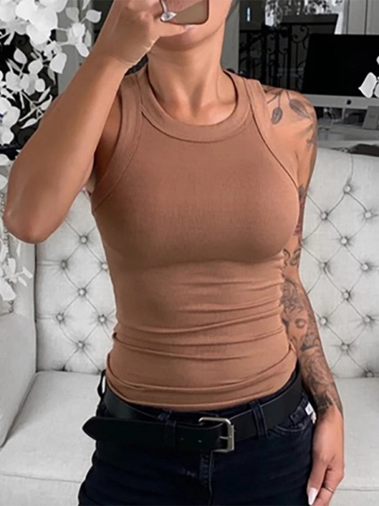 Women Solid Round Neck Ribbed Tank Top Camisole Women Summer Basic Elastic Tank Top - MERGE.DAY.1.FREESTYLE