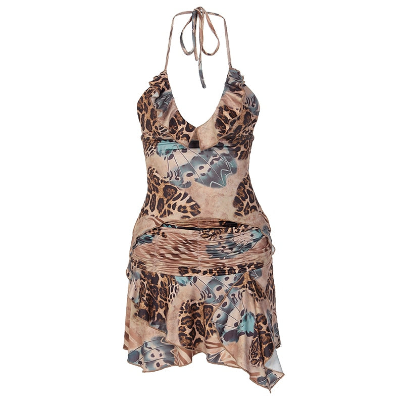 Ruffles Print Halter Sleeveless Crop Top Draped Skirts 2 Pcs Set - MERGE.DAY.1.FREESTYLE