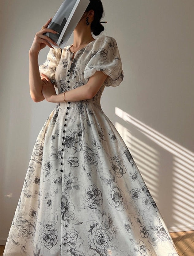 Vintage O-neck Single-breasted Summer Puff Sleeve Slim Women A-line Dress vestidos femme - MERGE.DAY.1.FREESTYLE