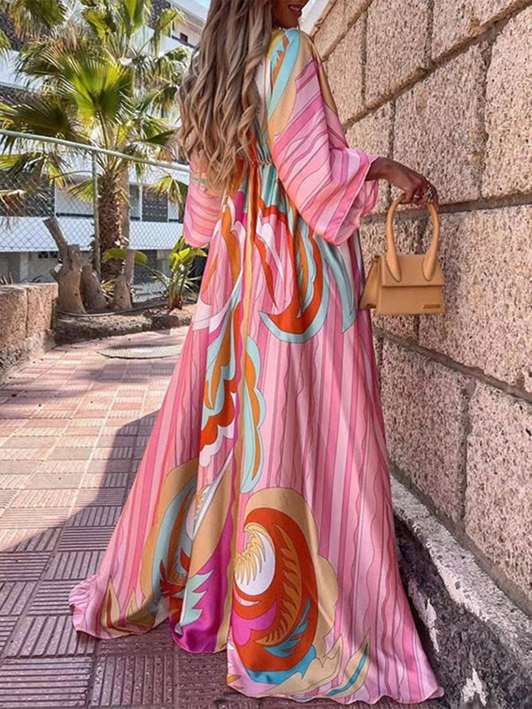 Bikini Cover Ups Print Maxi Dress for Women Summer Bohemian Beach Sexy Floral Tunic Long Dress - MERGE.DAY.1.FREESTYLE