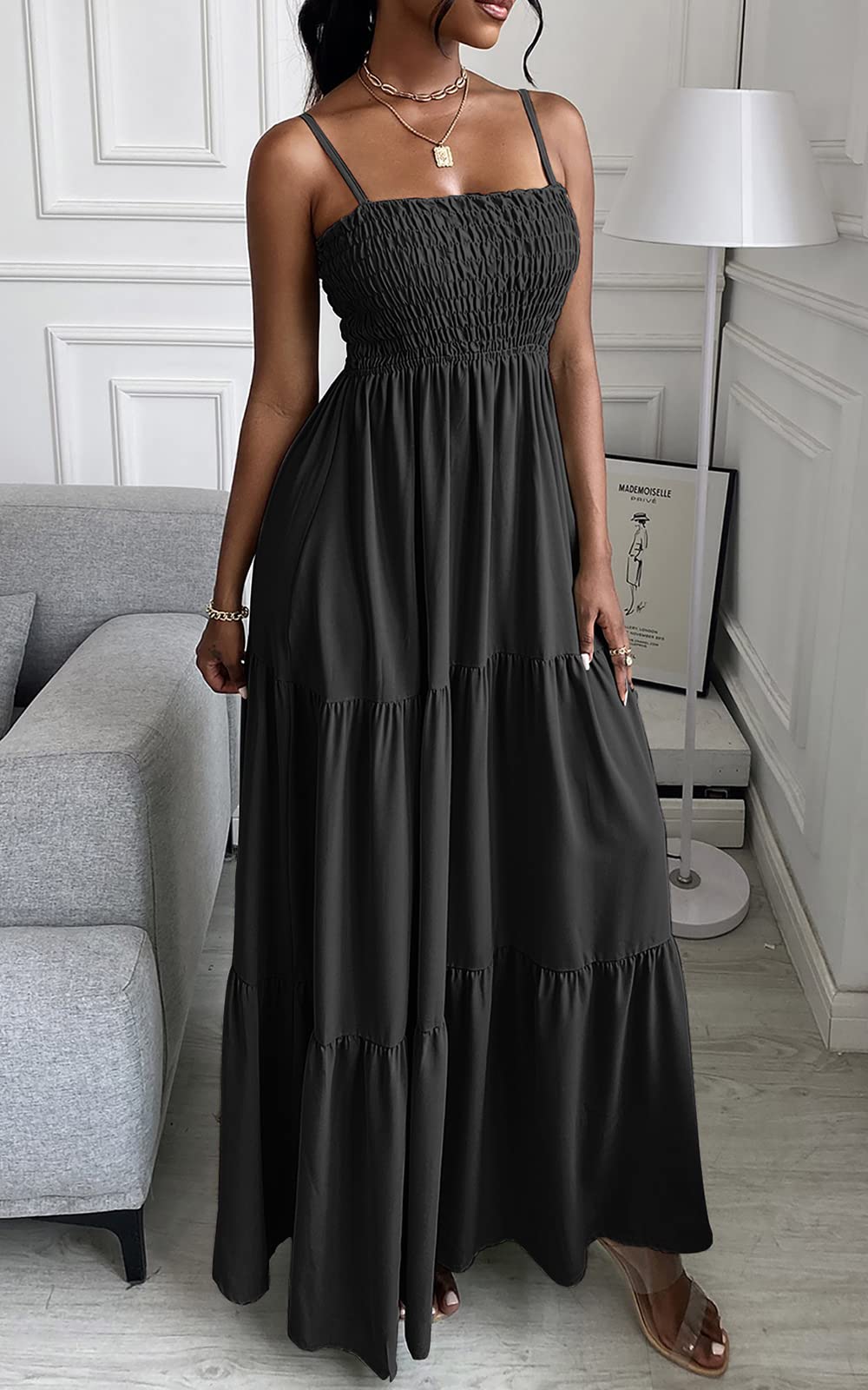 Spaghetti Strap Maxi Dress Women Summer Sleeveless Smocked Boho Long Beach Dress Sundresses - MERGE.DAY.1.FREESTYLE