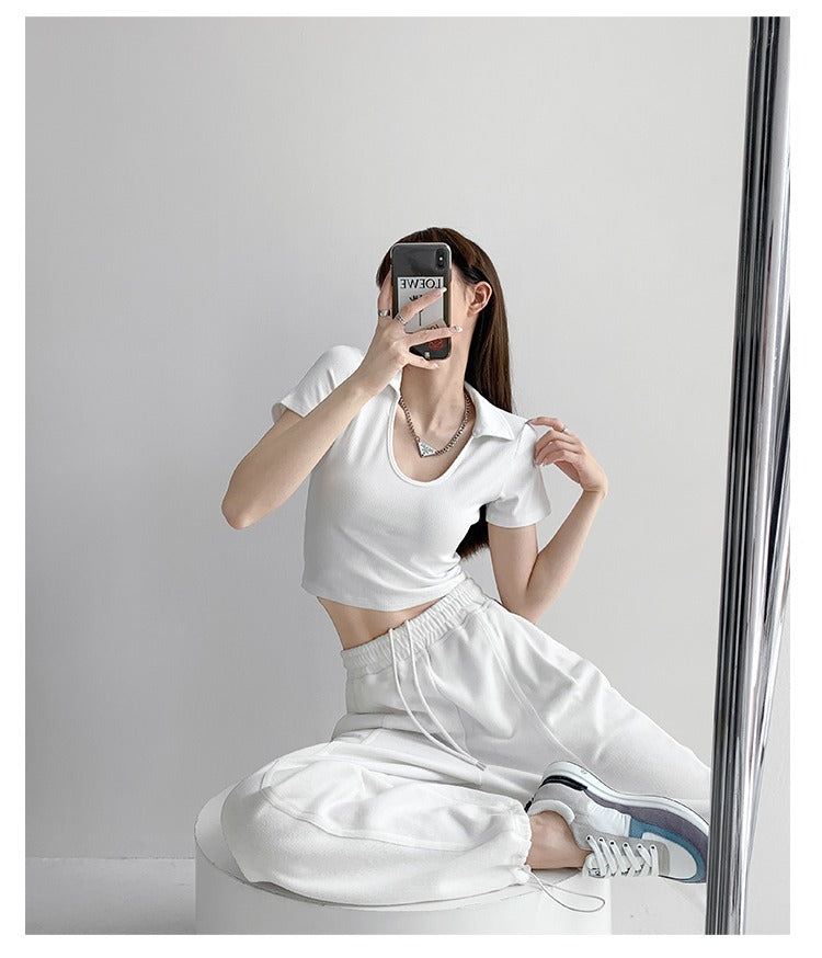 Y2K Tops Women U-shaped Lapel Short Sleeve Tees Summer High Waist Thread Crop Top - MERGE.DAY.1.FREESTYLE