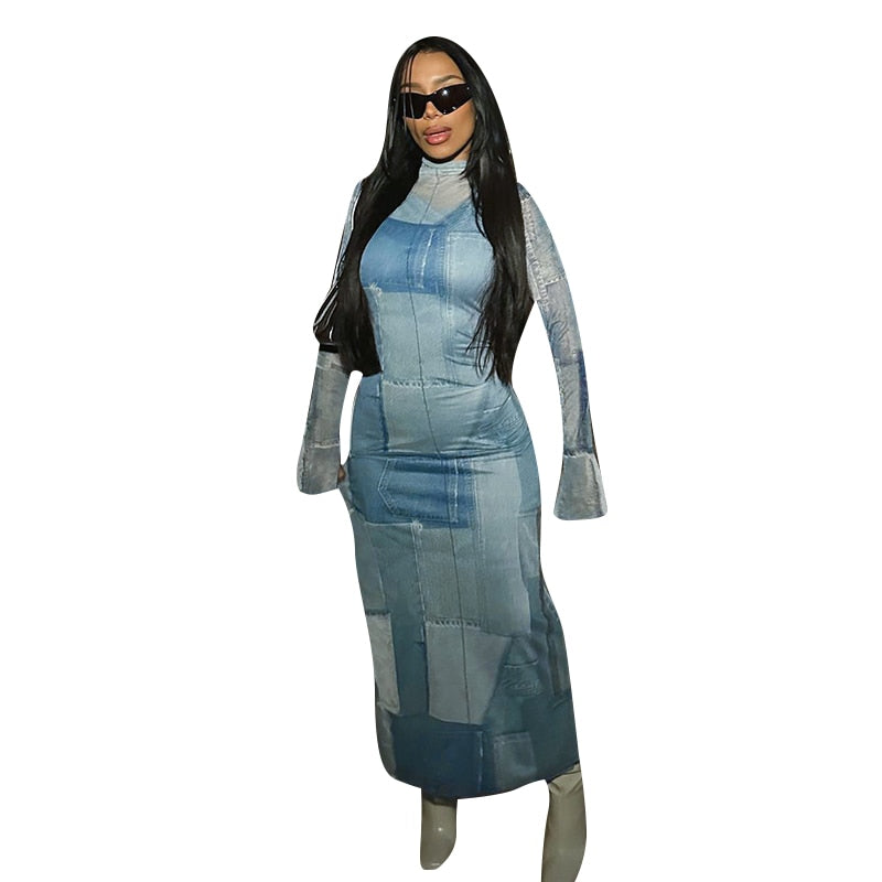 Mesh O Neck Long Flare Sleeve Print Slit Vintage Sexy Bodycon Maxi Dress - MERGE.DAY.1.FREESTYLE
