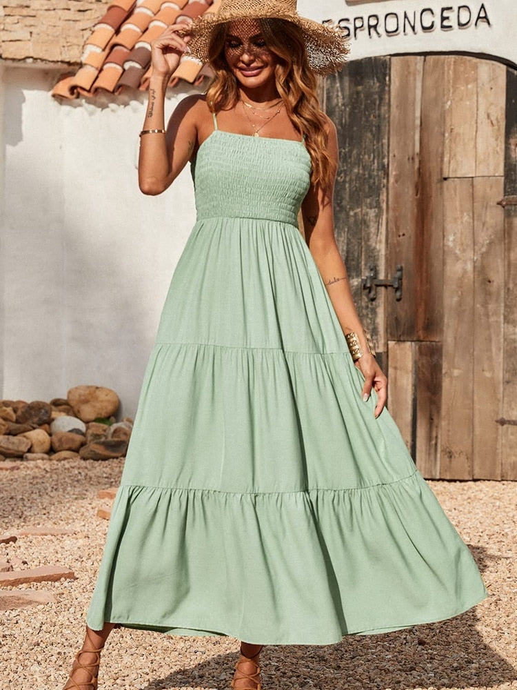 Spaghetti Strap Maxi Dress Women Summer Sleeveless Smocked Boho Long Beach Dress Sundresses - MERGE.DAY.1.FREESTYLE