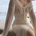 Women Hollow Sweater Cardigan Outerwear V Neck Button Knitted Tops Jackets - MERGE.DAY.1.FREESTYLE