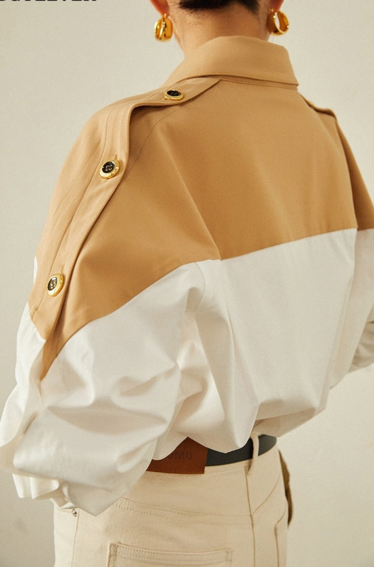 Patchwork Lapel Women Shirts Long Sleeve Single-breasted Loose Female Blouses - MERGE.DAY.1.FREESTYLE