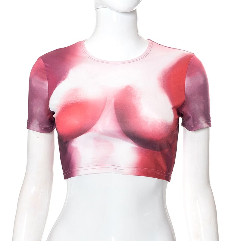 Tie Dye Print O Neck Short Sleeves Crop Top T Shirt Slim - MERGE.DAY.1.FREESTYLE