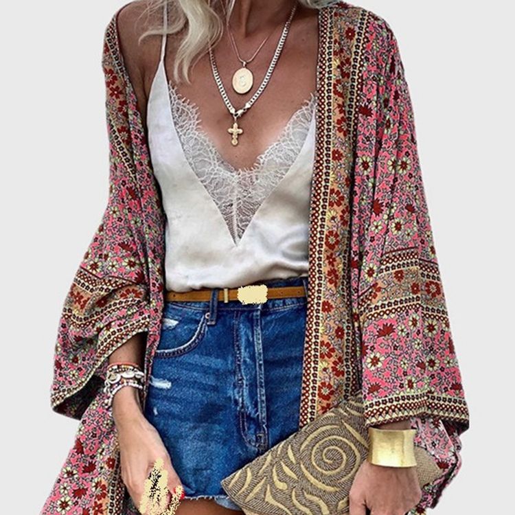 Cardigan Women Bohemian Floral Printed Blouse Open Front Loose Beach Tops Vintage Long Sleeve - MERGE.DAY.1.FREESTYLE