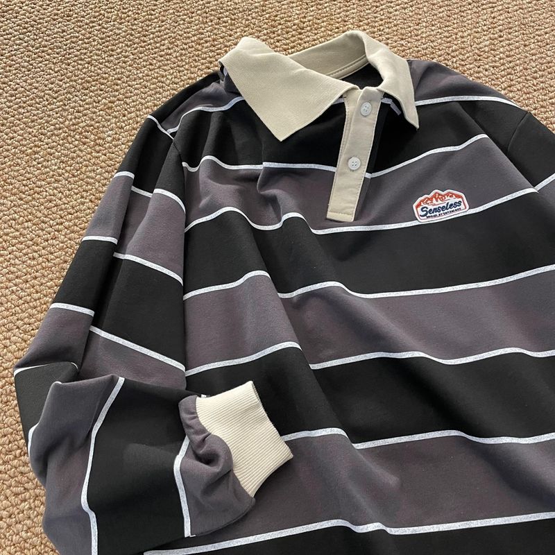 Striped POLO Shirt Men Women Casual Loose Couple BF Lapel Sweatshirts - MERGE.DAY.1.FREESTYLE