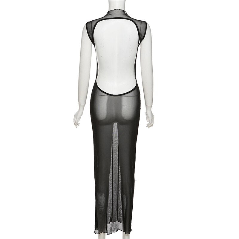 Mesh O Neck Long Sleeves Backless Lace Up See Through Sexy Bodycon Maxi Dress - MERGE.DAY.1.FREESTYLE