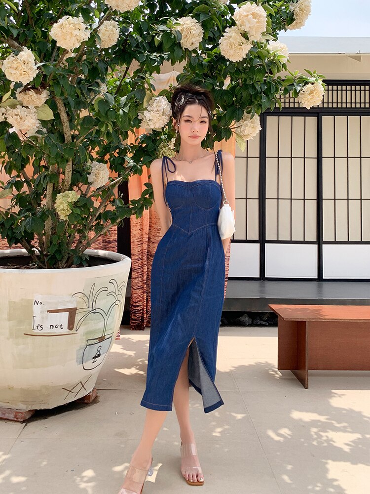 Summer Women Sexy Slip Denim Dress Strapless Lace-up High Waist Dress - MERGE.DAY.1.FREESTYLE