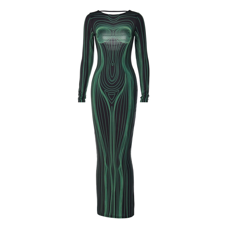 Striped Print Long Sleeve See Through Sexy Bodycon Maxi Dress - MERGE.DAY.1.FREESTYLE