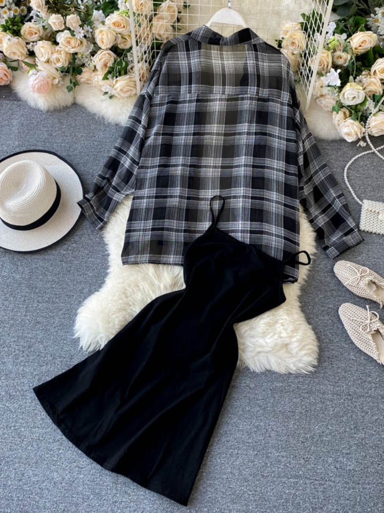 Two Piece Set Long Sleeve Plaid Grey Overcoats Spaghetti Strap Slim Dress - MERGE.DAY.1.FREESTYLE