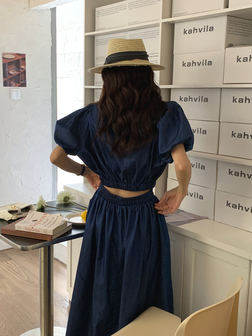 Women's Summer Cotton Denim Sets of Skirts Suit Chic Puff Sleeve Short Top with Umbrella Skirt - MERGE.DAY.1.FREESTYLE