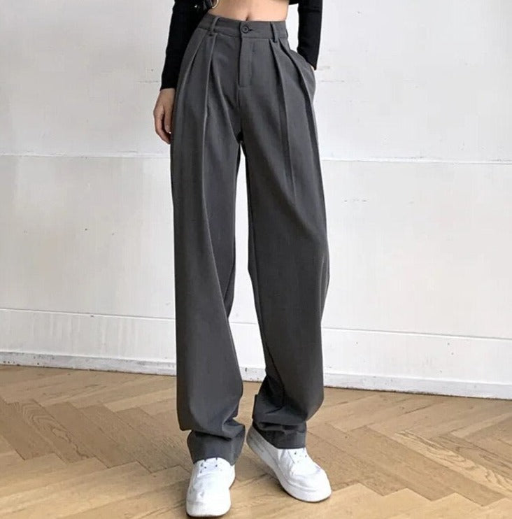 Long Suit Pants High Waist Button Women Wide Leg Trousers - MERGE.DAY.1.FREESTYLE