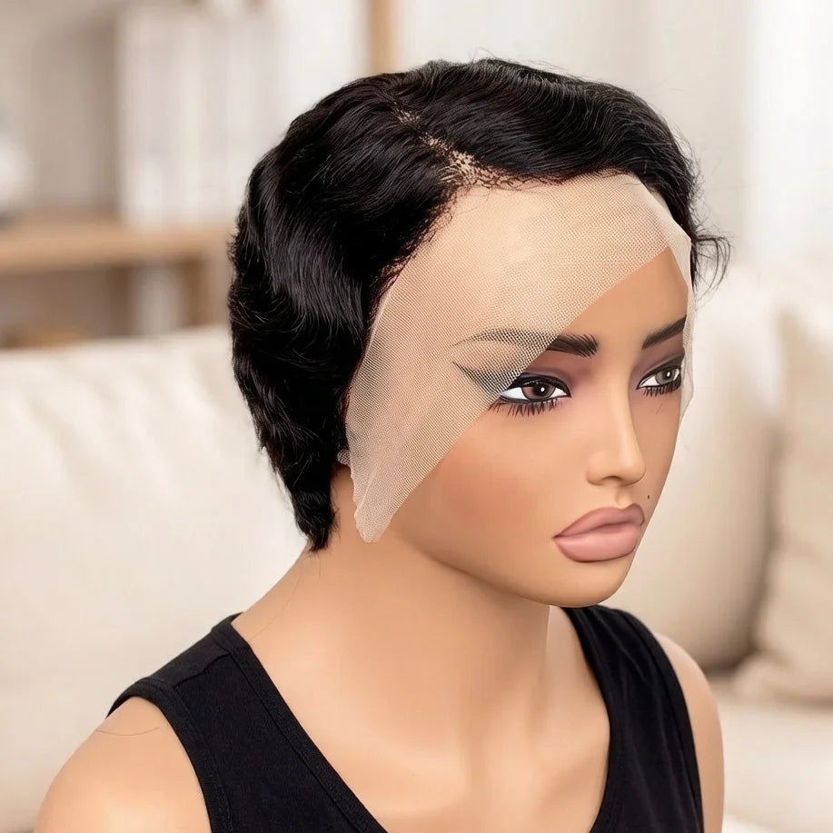13X4 Lace Front Wig Brazilian Human Hair Finger Wave Short Pixie Cut Wig for Women 180% Density - MERGE.DAY.1.FREESTYLE