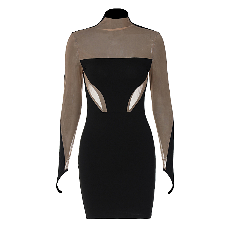 Long Sleeve Patchwork Mesh See Through Sexy Bodycon Mini Dress Evening Clothes - MERGE.DAY.1.FREESTYLE