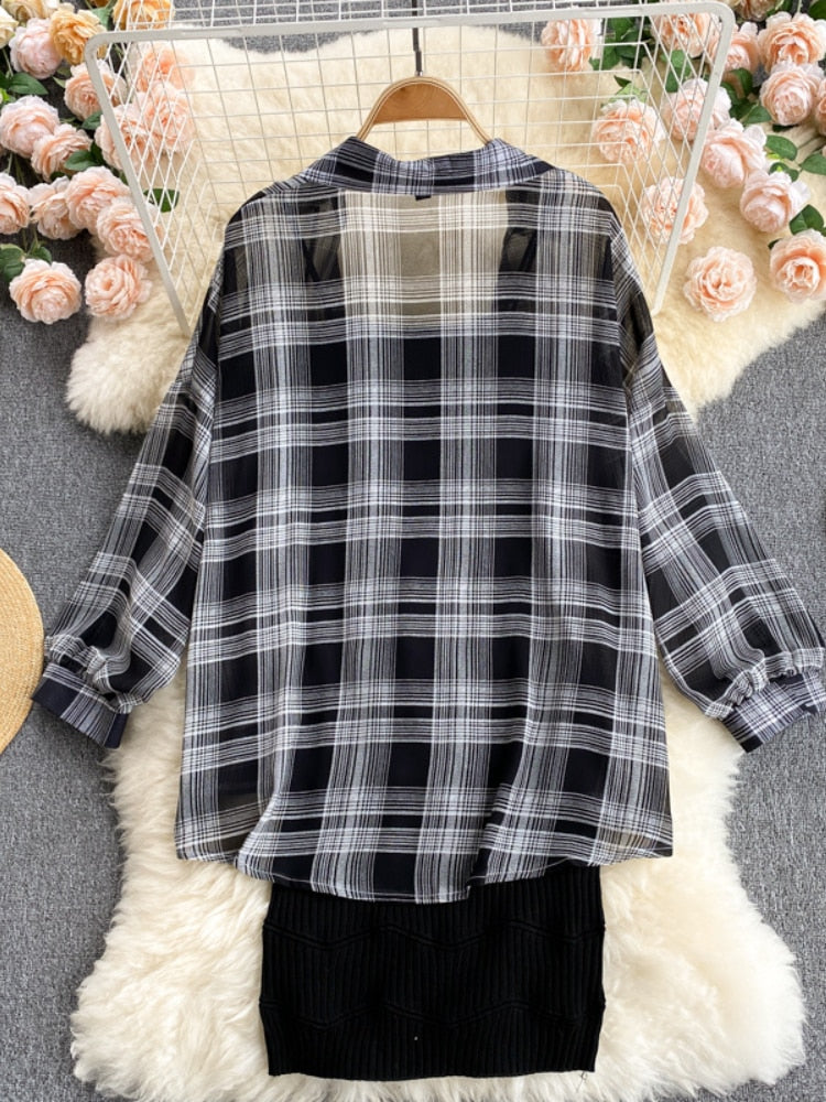 Summer Women Two Piece Set Plaid Long Sleeve Sunscreen Shirt+A-line Knitting Slip Dress - MERGE.DAY.1.FREESTYLE