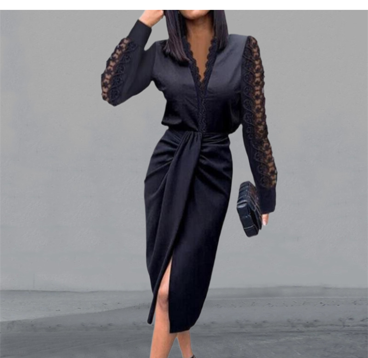 Dress Women Popular Sexy Dress V-neck Lace Long Sleeve Black Elegant Party Dresses - MERGE.DAY.1.FREESTYLE