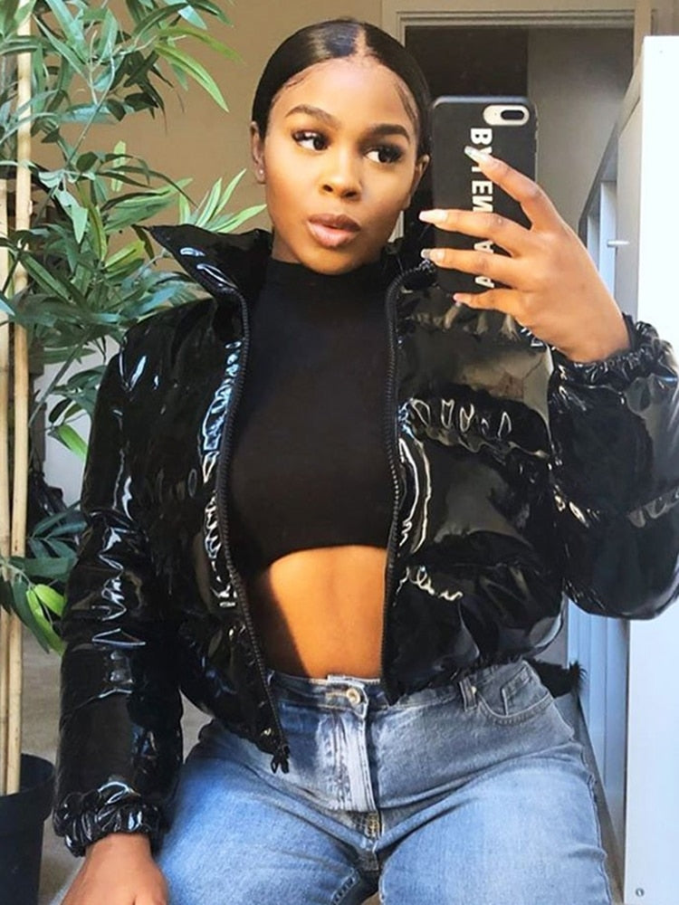 Faux PU Leather Y2K Bubble Puffer Winter Warm Jacket Women Long Sleeve Coats - MERGE.DAY.1.FREESTYLE