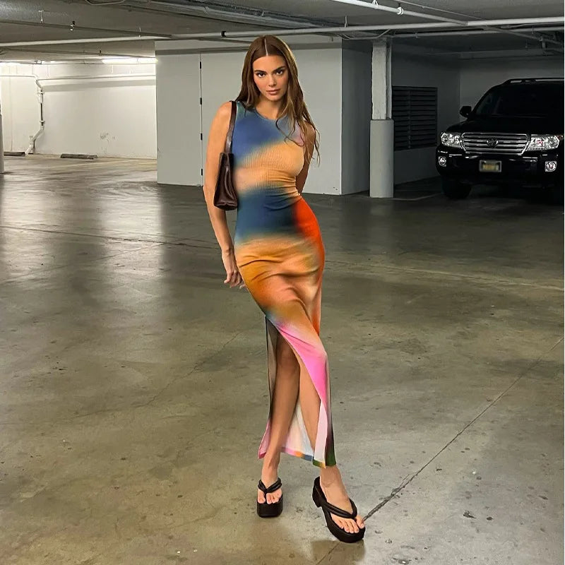 Tie Dye Print Ribbed Midi Dress Bodycon Side Slit Y2K - MERGE.DAY.1.FREESTYLE