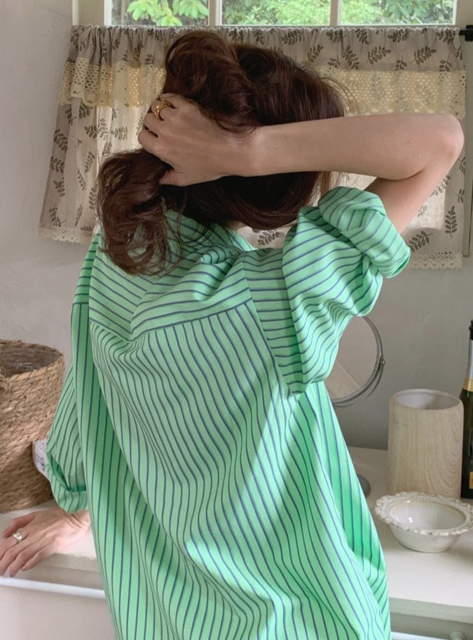 Spring Autumn Striped Blouses Long Sleeve Single-breasted Pocket Women Shirts Tops - MERGE.DAY.1.FREESTYLE