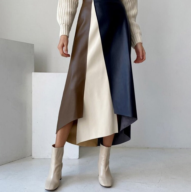 Patchwork Irregular PU Leather Skirts Women Elastic High Waist Female A-line Skirts - MERGE.DAY.1.FREESTYLE