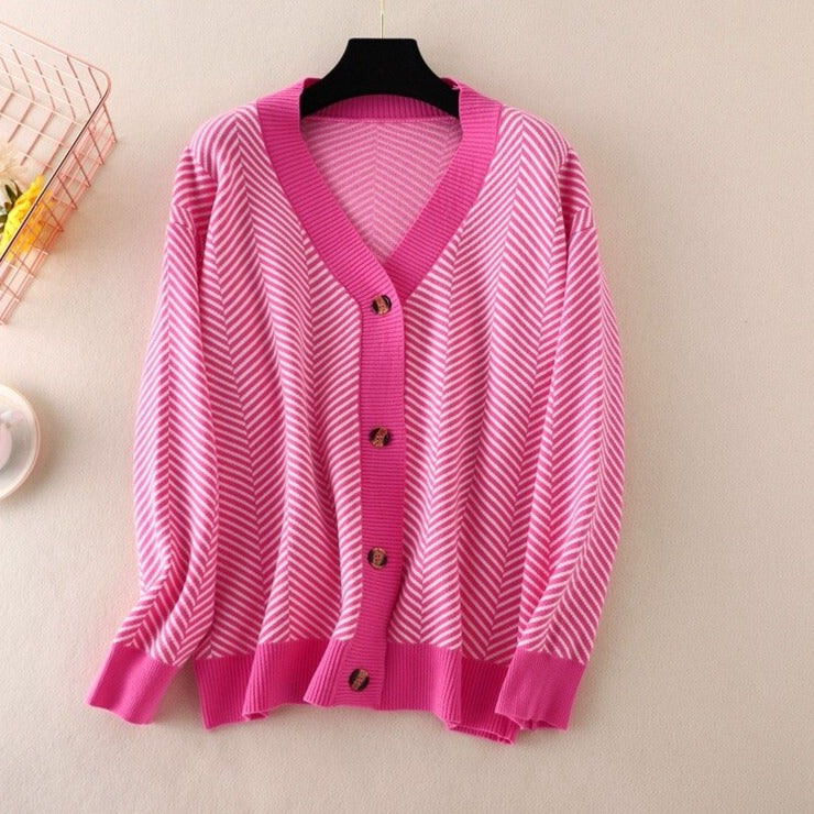 V-neck Striped Cardigans Sweaters Long Sleeve Loose Knitted Open Stitch Outwear - MERGE.DAY.1.FREESTYLE