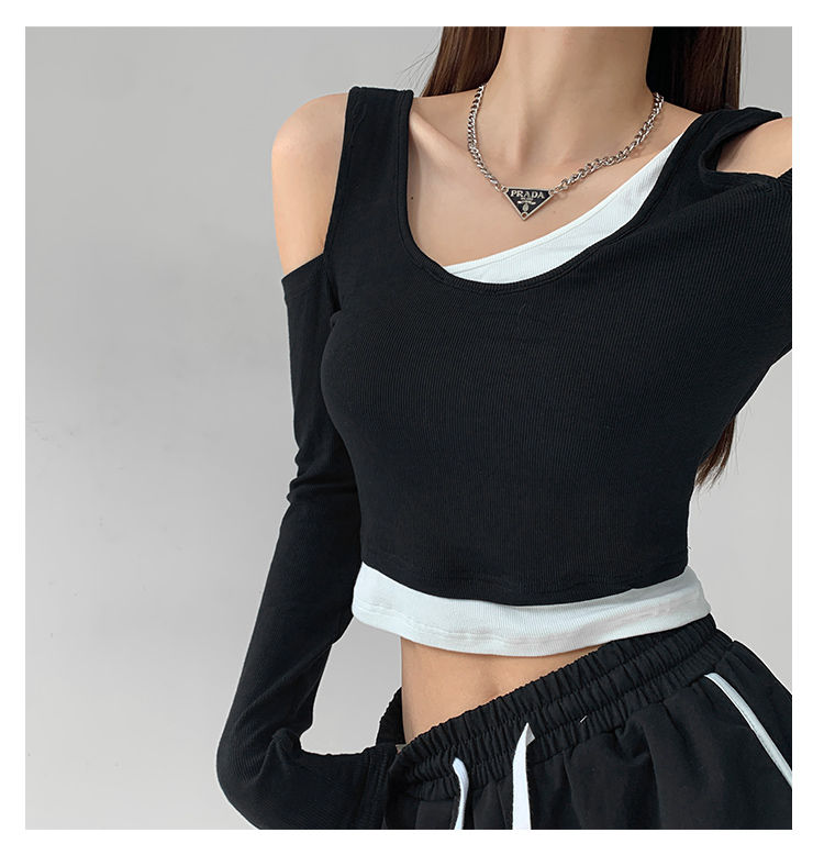 Patchwork Women's T-shirt Fake Two-piece Slim Long Sleeve Y2K Crop Tops Woman - MERGE.DAY.1.FREESTYLE