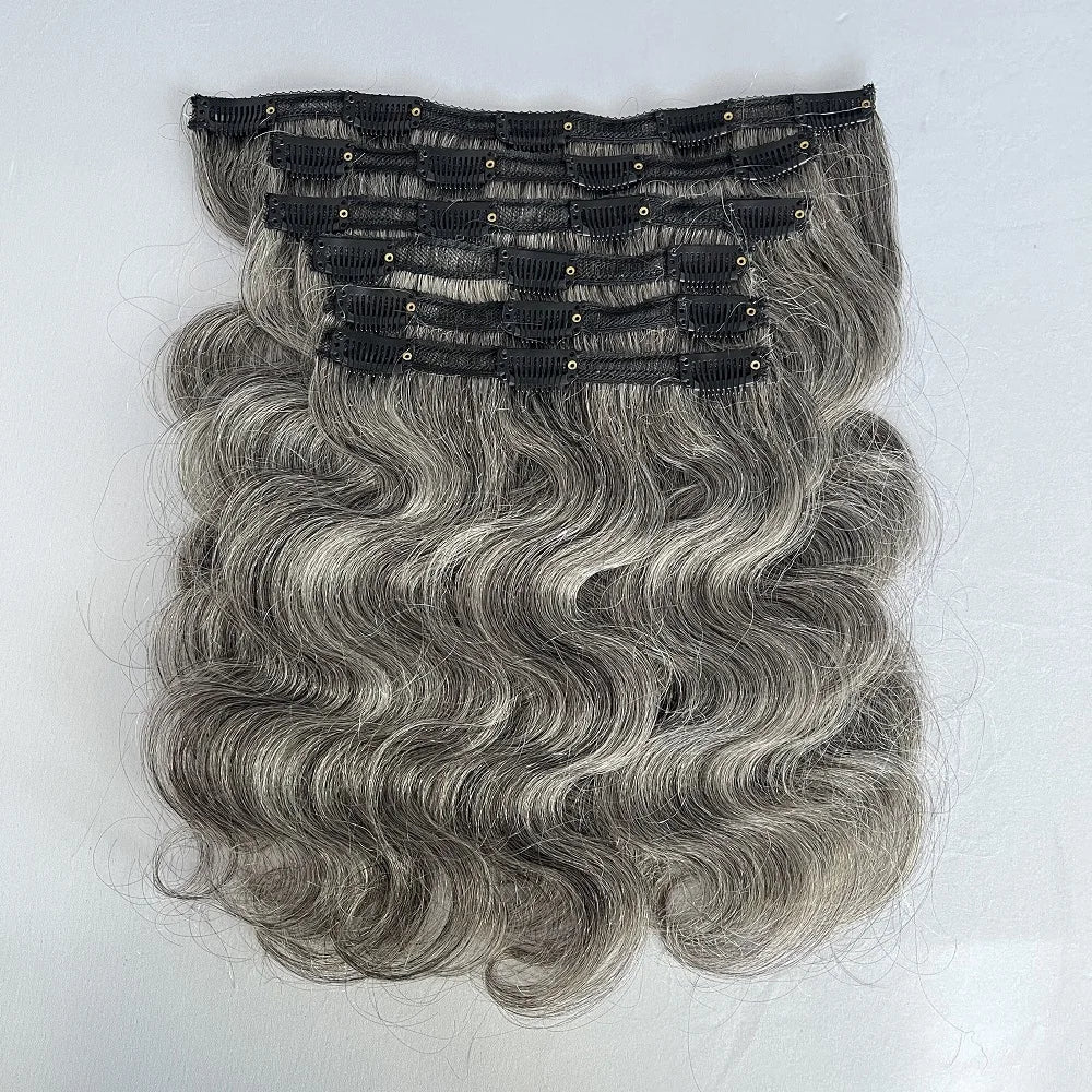 SoulLady Salt and Pepper Clip in Hair Extensions Real Human Hair Brazilian Virgin Human Hair Extensions 6 Pieces/Set for Senior - MERGE.DAY.1.FREESTYLE