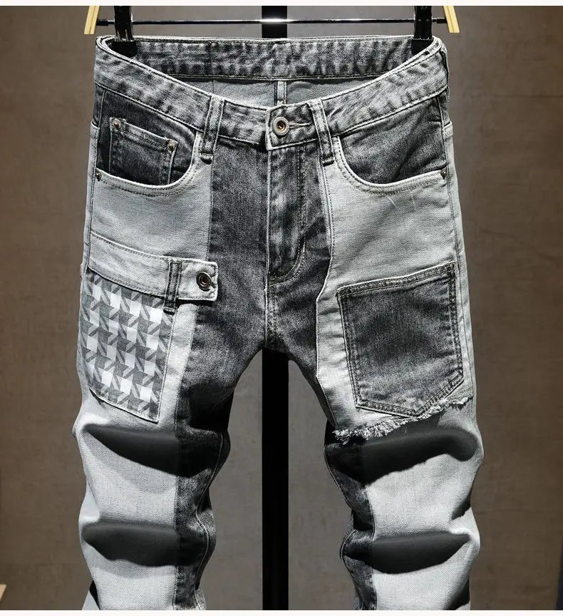 Streetwear 90s Slim Cowboy Grey Stretch Work Wear Splice Long Pants Man - MERGE.DAY.1.FREESTYLE